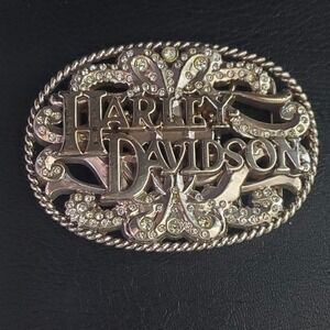 Harley Davidson Rhinestone Belt Buckle Silver Tone Filigree Bling 2010